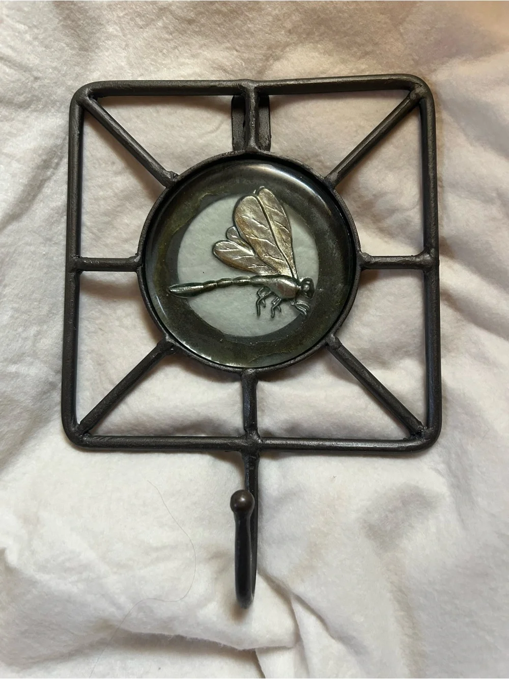 Rustic Dragonfly Print Under Glass Cast Iron Wall Hook Accent Foyer Garden Bath